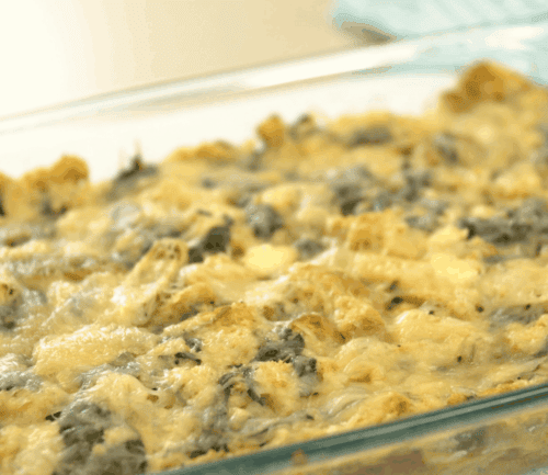 Imagery of finished product of the artichoke spinach strata