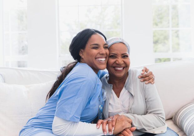 Elderly woman enjoys her nurse