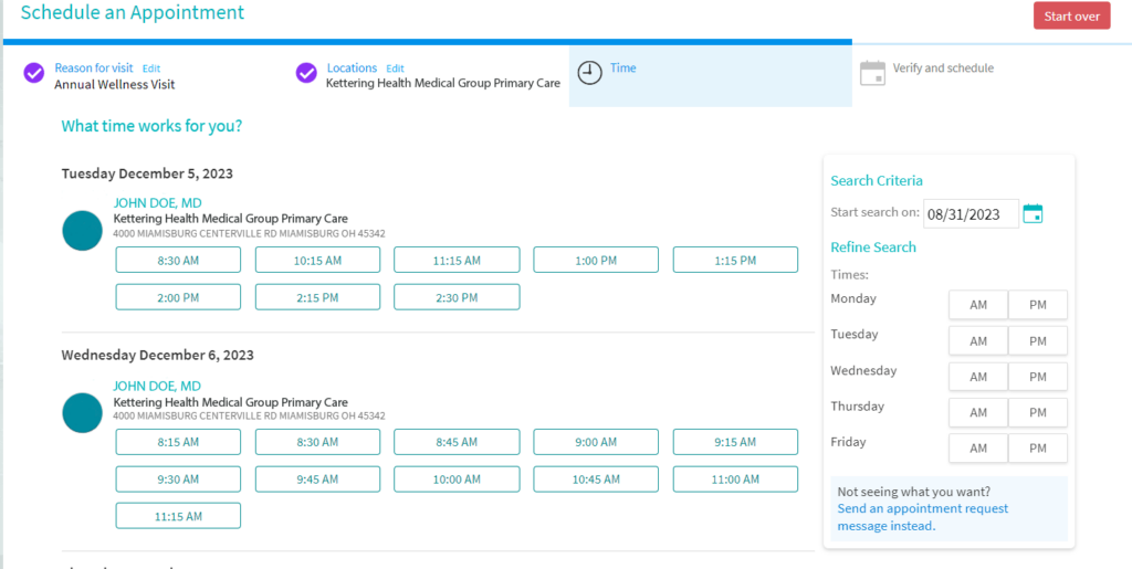 Appointment times in MyChart