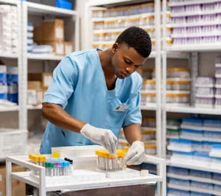 Nurse working at the laboratory organizing test tubes