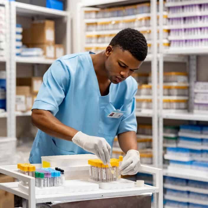 Nurse working at the laboratory organizing test tubes