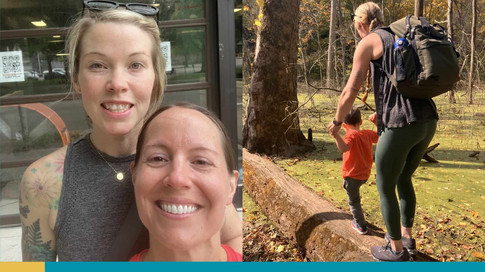 Two women taking selfie indoors; woman with child hiking outdoors with backpack