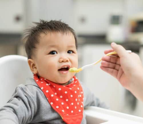 Baby eating baby food in a high chair.