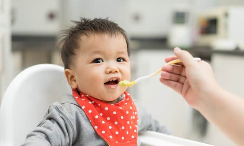 Baby eating baby food in a high chair.