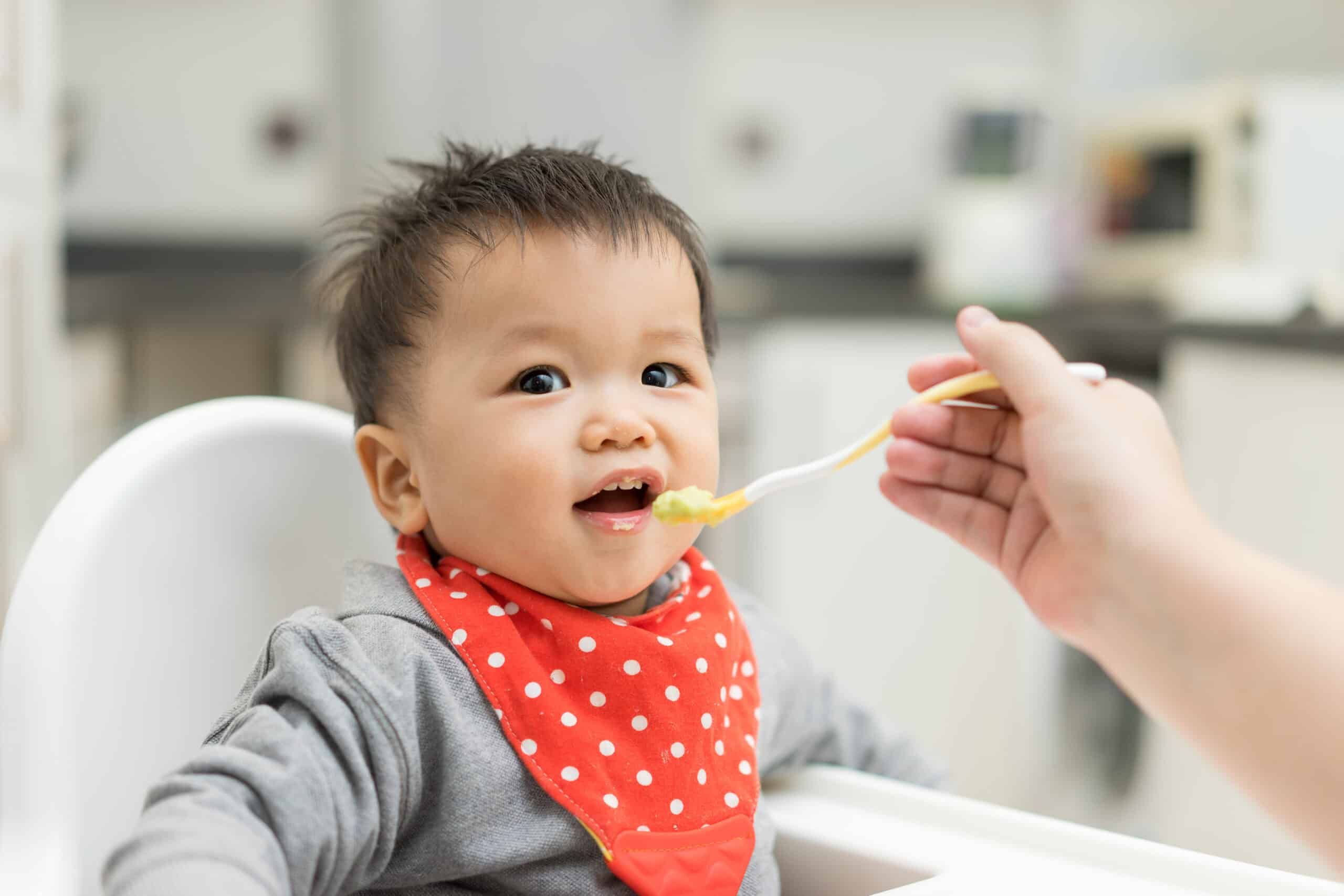 Baby eating baby food in a high chair.