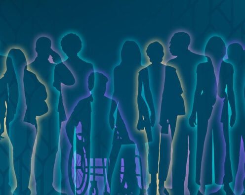 Outlines of several people on a blue background