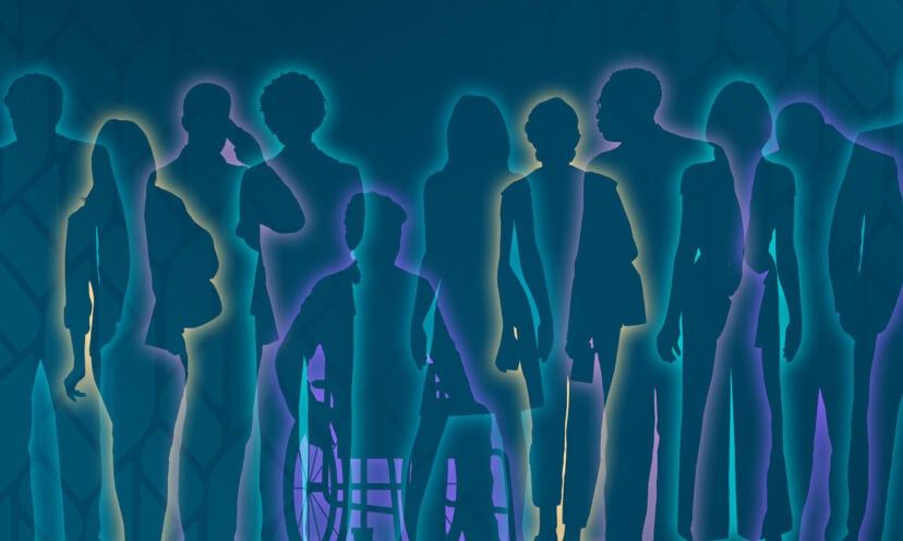 Outlines of several people on a blue background