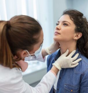 Woman getting her thyroid checked by a doctor