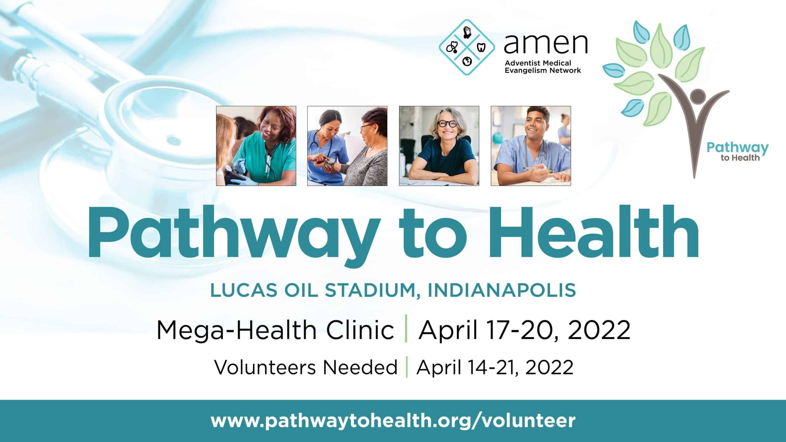 Pathway to Health promotional banner featuring healthcare workers and event details for Indianapolis clinic
