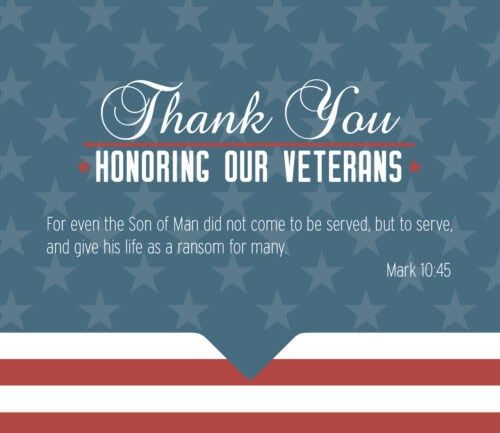 Veterans Day thank you message with biblical quote on patriotic star background