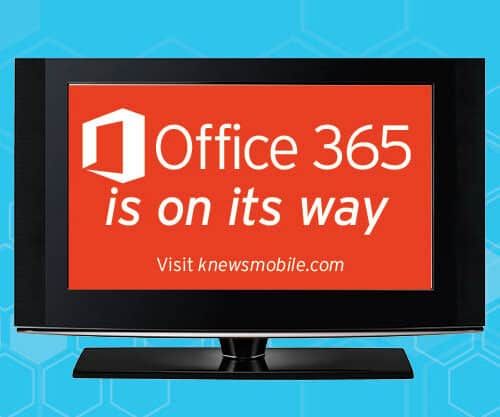 TV screen displaying "Office 365 is on its way" message with website URL
