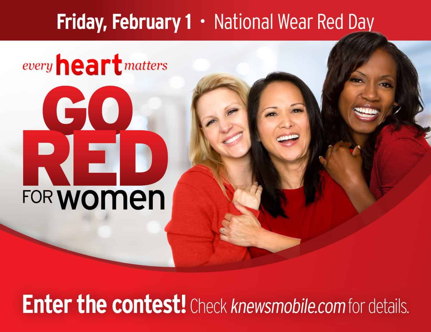 Three women in red clothing embracing and smiling for National Wear Red Day