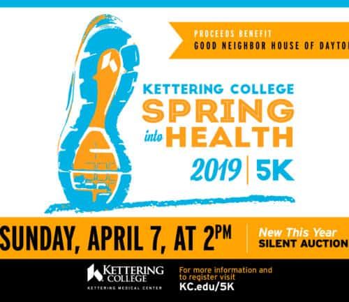 Kettering College Spring into Health 5K event poster featuring running shoe graphic, April 7 2019