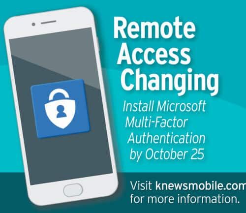 Smartphone displaying security app icon with text about Microsoft Multi-Factor Authentication deadline