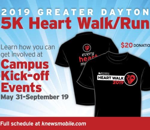 2019 Greater Dayton 5K Heart Walk promotional flyer featuring black t-shirt and event details