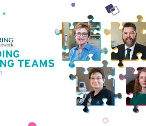 Four healthcare professionals in puzzle pieces representing teamwork for Kettering Health's Building Strong Teams town hall