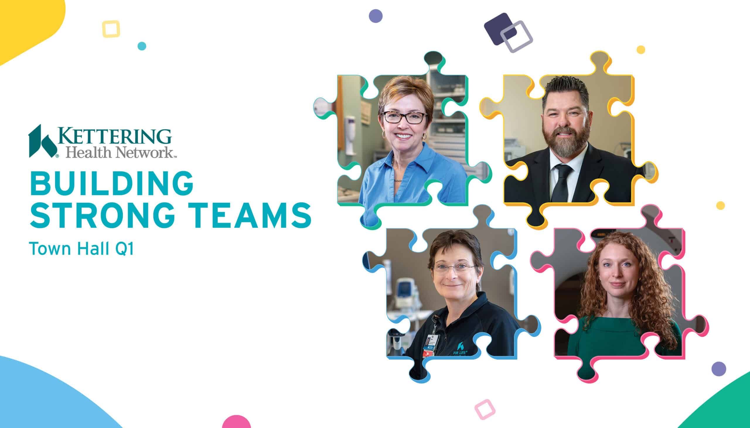 Four healthcare professionals in puzzle pieces representing teamwork for Kettering Health's Building Strong Teams town hall