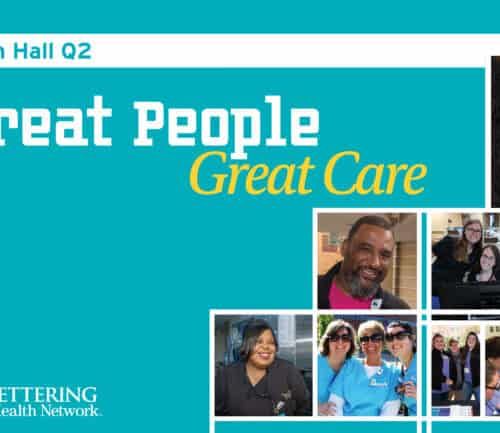 Town Hall Q2 presentation slide featuring Great People Great Care with healthcare staff photos
