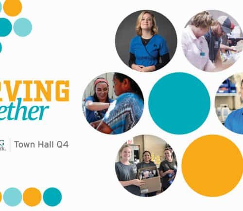 Kettering Health Q4 Town Hall presentation featuring healthcare employees serving patients and community together
