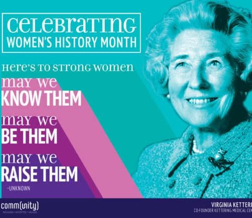 Women's History Month poster featuring Virginia Kettering with inspirational quote about strong women