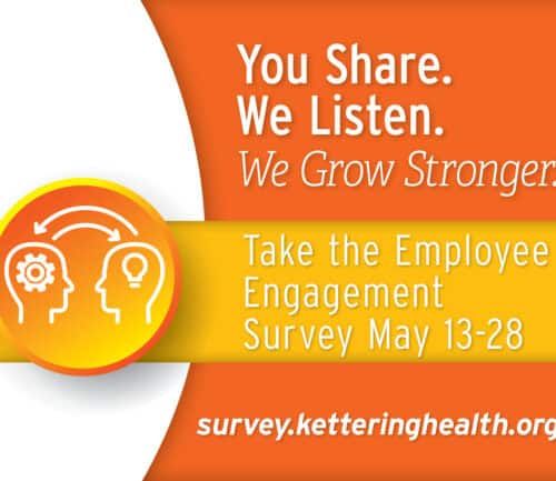 Employee engagement survey promotion with orange design and brain/lightbulb icons, May 13-28