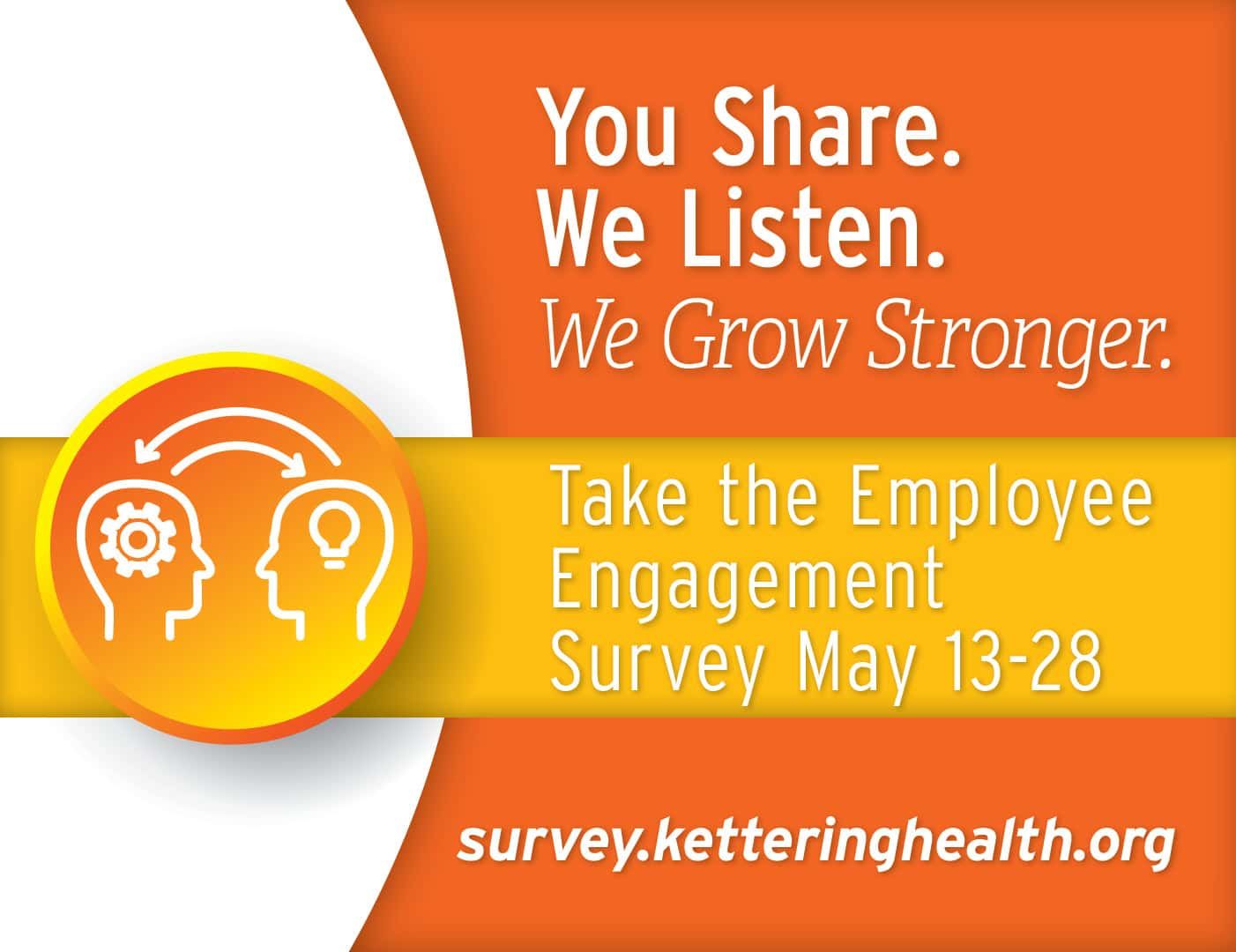 Employee engagement survey promotion with orange design and brain/lightbulb icons, May 13-28