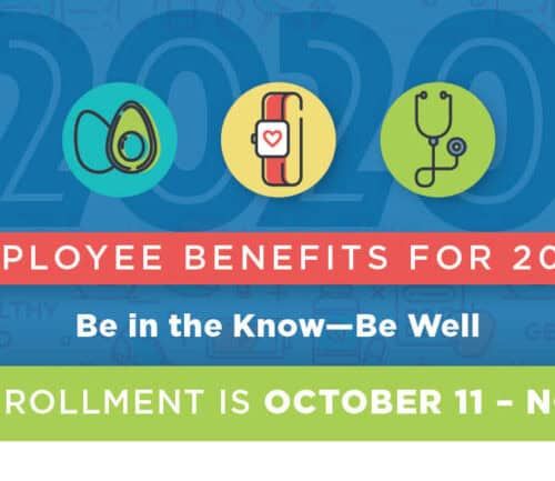 Employee benefits 2020 open enrollment banner with wellness icons and October-November dates