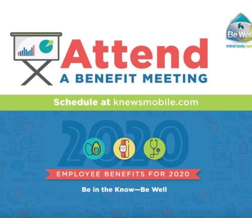 Employee benefits meeting announcement for 2020 with health icons and scheduling information.