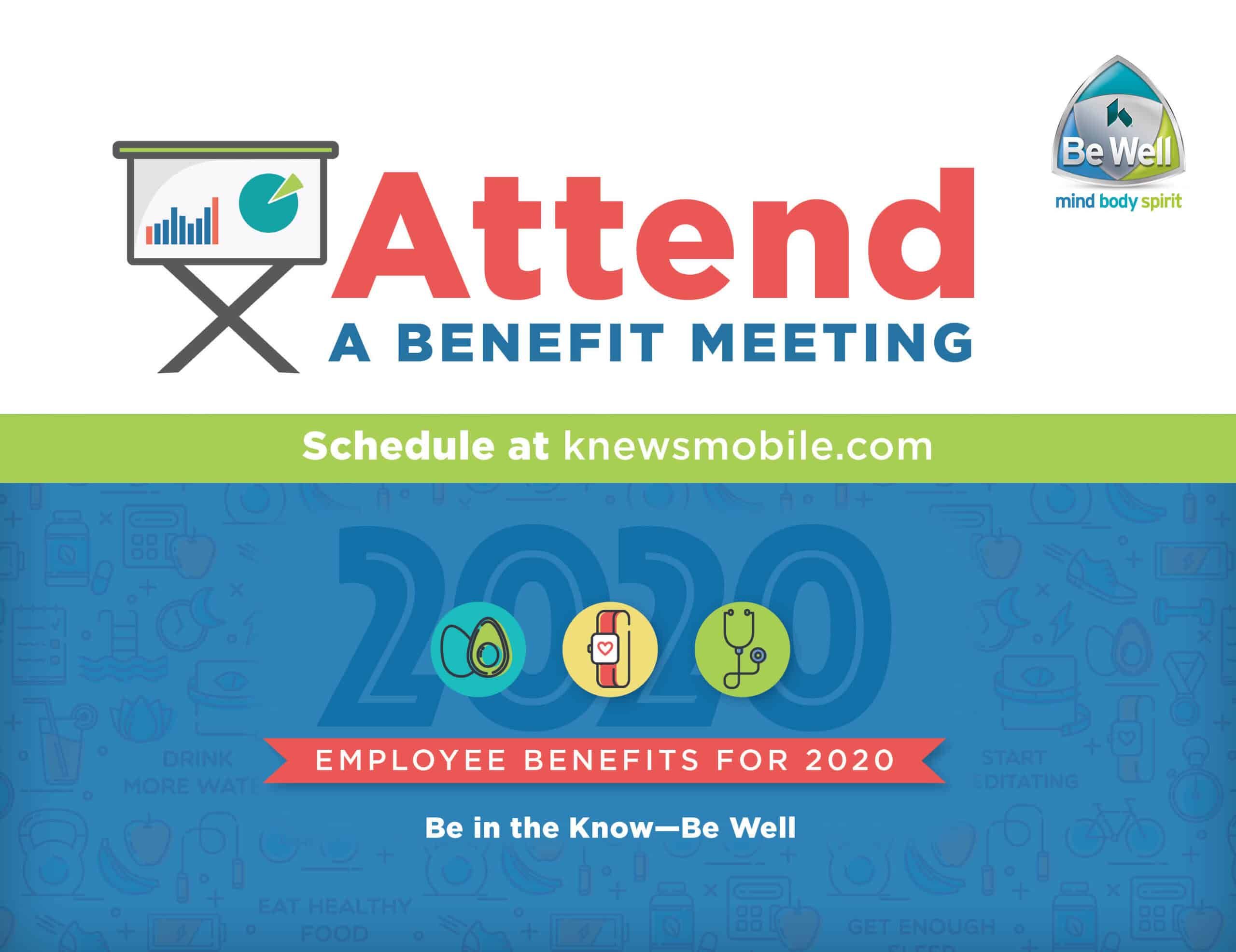 Employee benefits meeting announcement for 2020 with health icons and scheduling information.