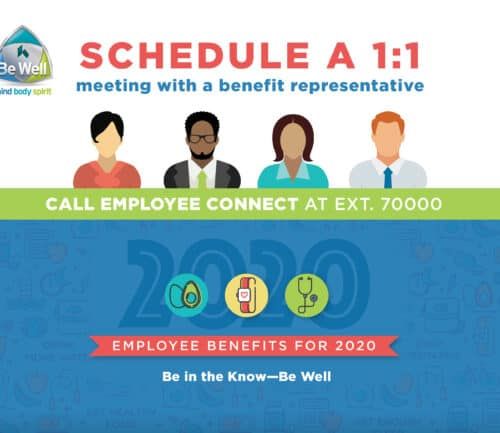 Employee benefits enrollment flyer showing diverse representatives and contact information for 2020
