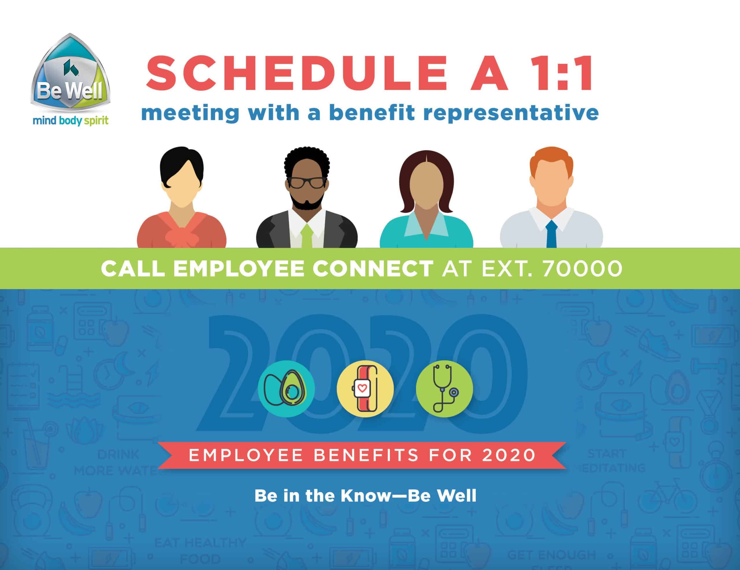 Employee benefits enrollment flyer showing diverse representatives and contact information for 2020