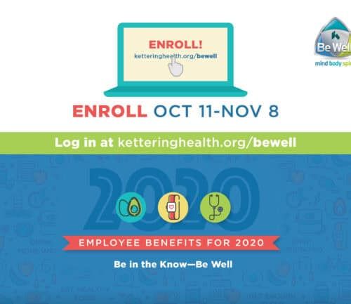 Employee benefits enrollment advertisement for 2020 with laptop showing enrollment website