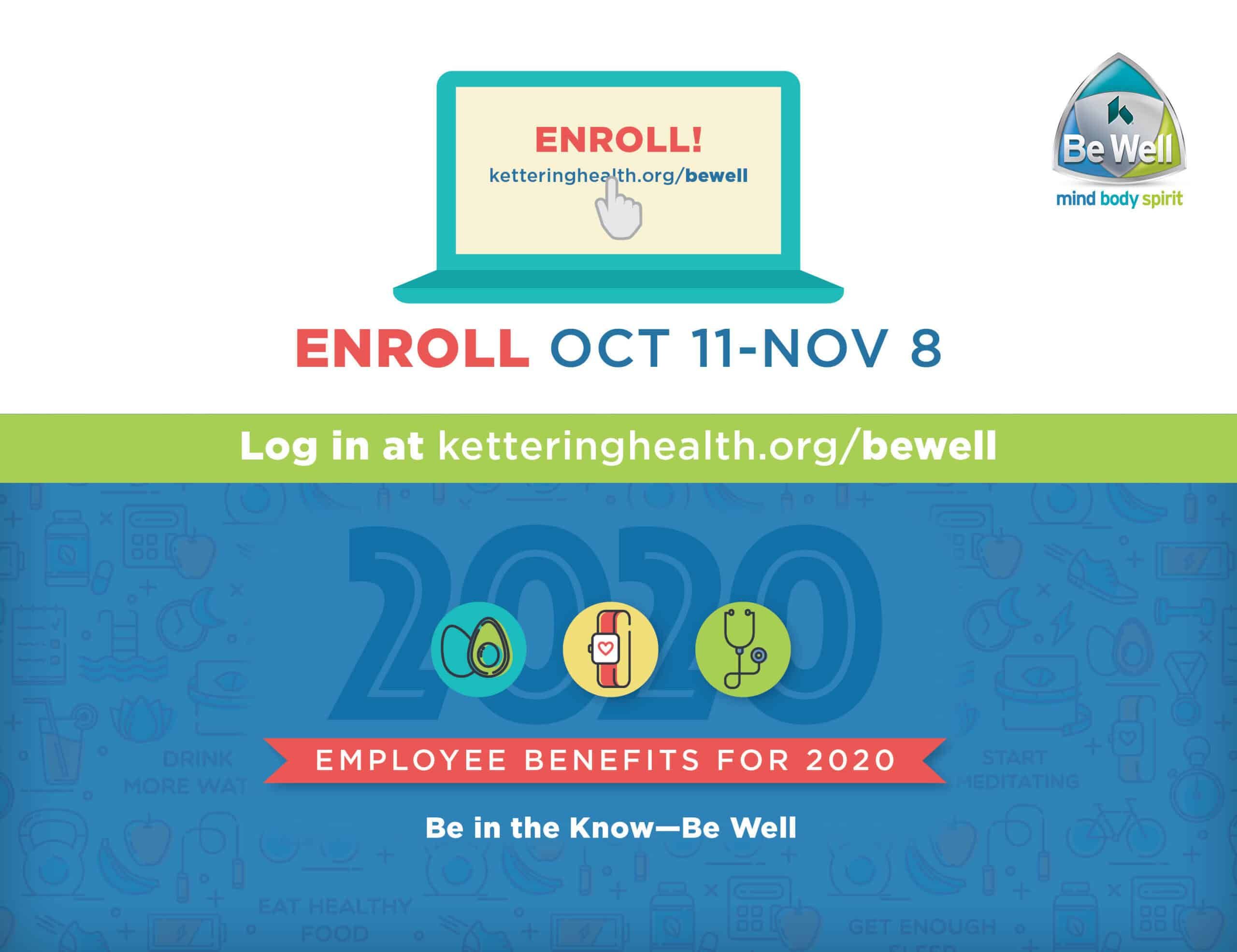 Employee benefits enrollment advertisement for 2020 with laptop showing enrollment website
