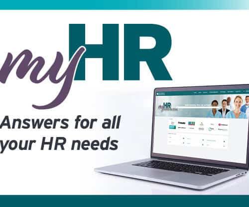 myHR logo with laptop displaying HR portal interface for employee needs