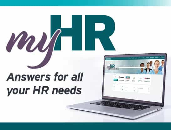 myHR logo with laptop displaying HR portal interface for employee needs