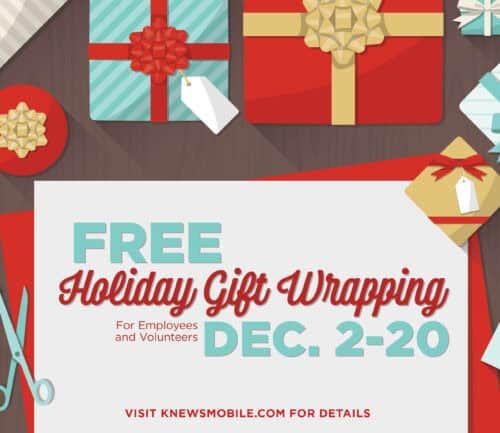 Free holiday gift wrapping announcement with wrapped presents and scissors on brown background