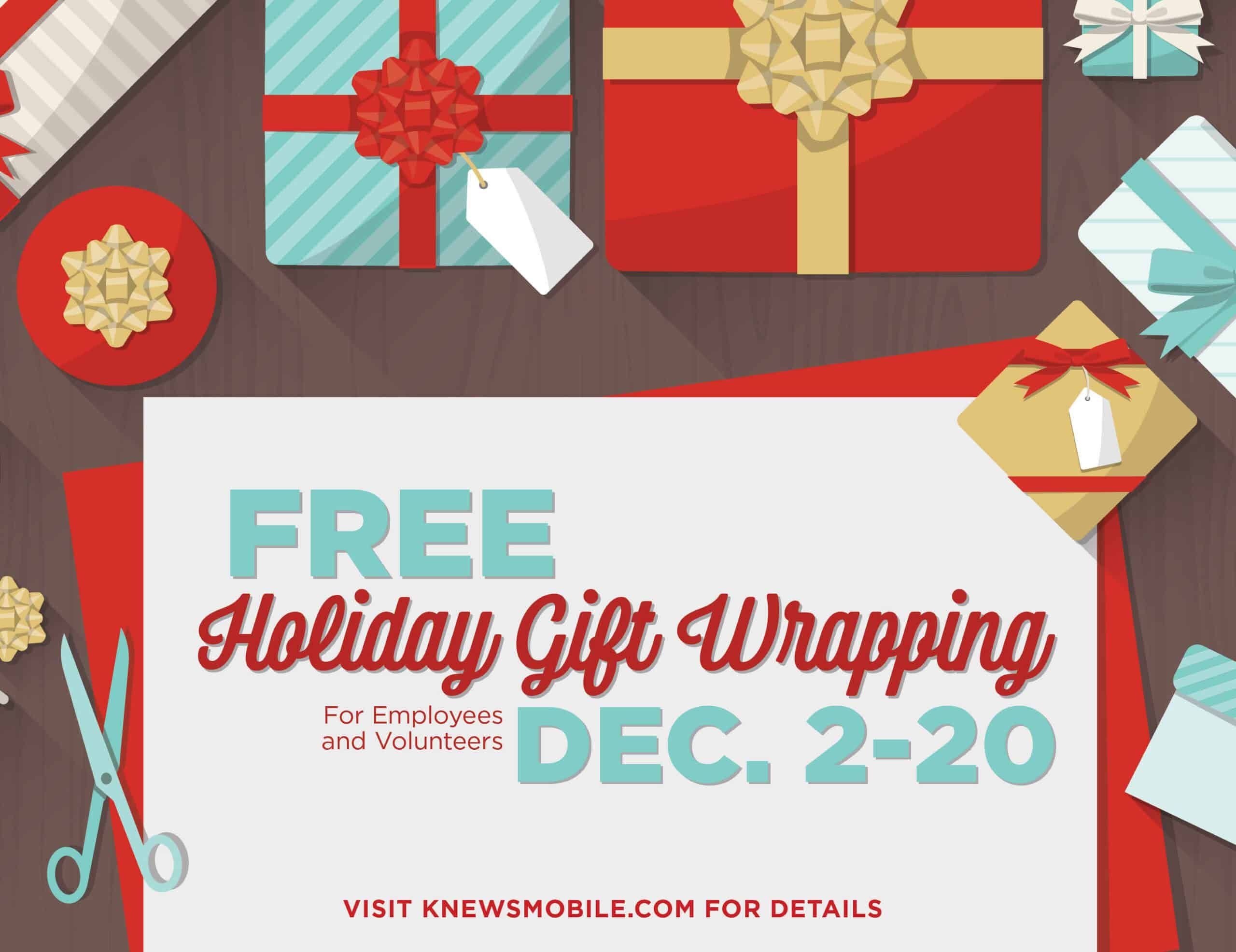 Free holiday gift wrapping announcement with wrapped presents and scissors on brown background