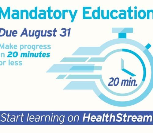 Mandatory education reminder with stopwatch graphic showing 20-minute learning deadline August 31