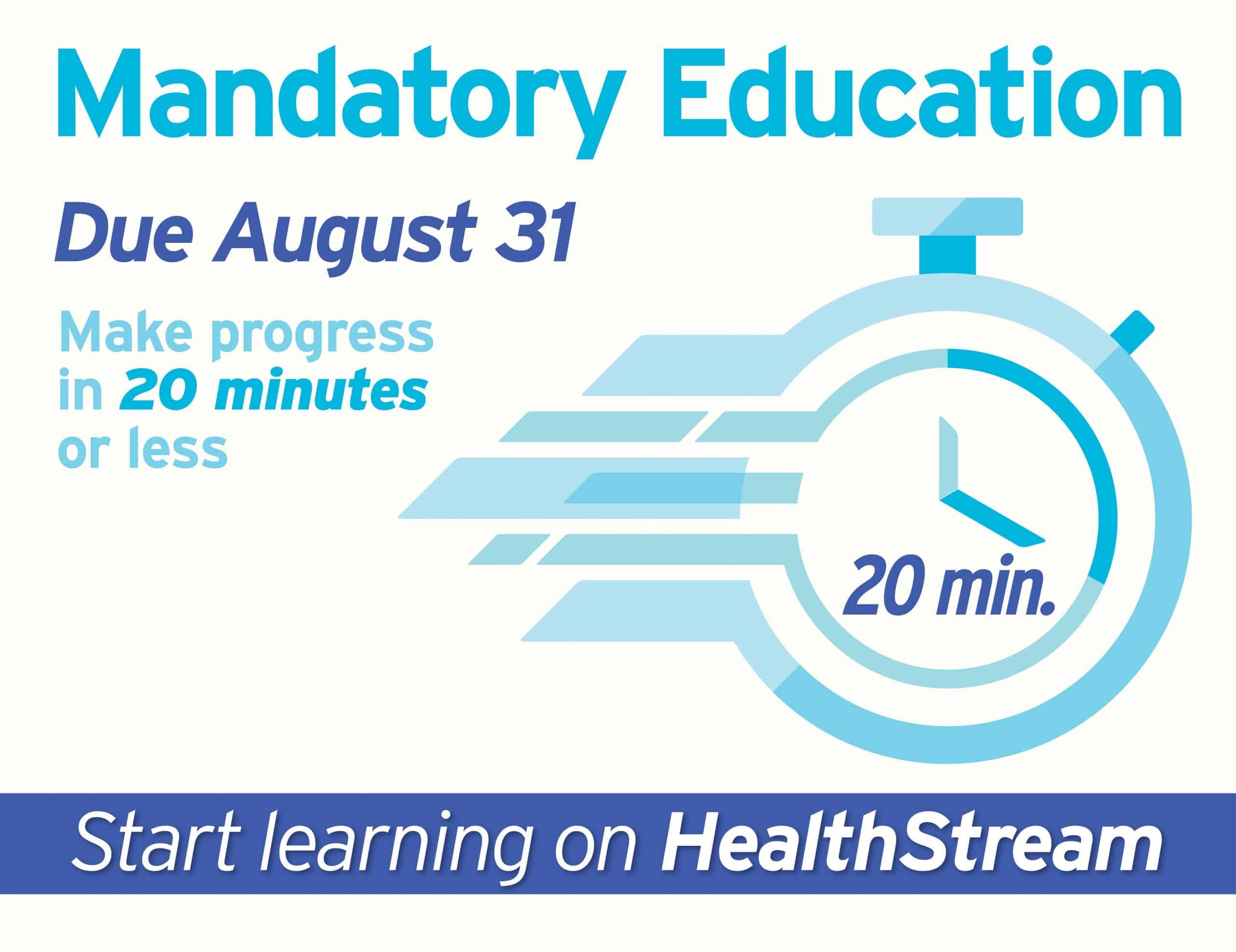 Mandatory education reminder with stopwatch graphic showing 20-minute learning deadline August 31