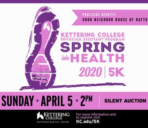 Kettering College Spring into Health 2020 5K promotional flyer with running shoe graphic