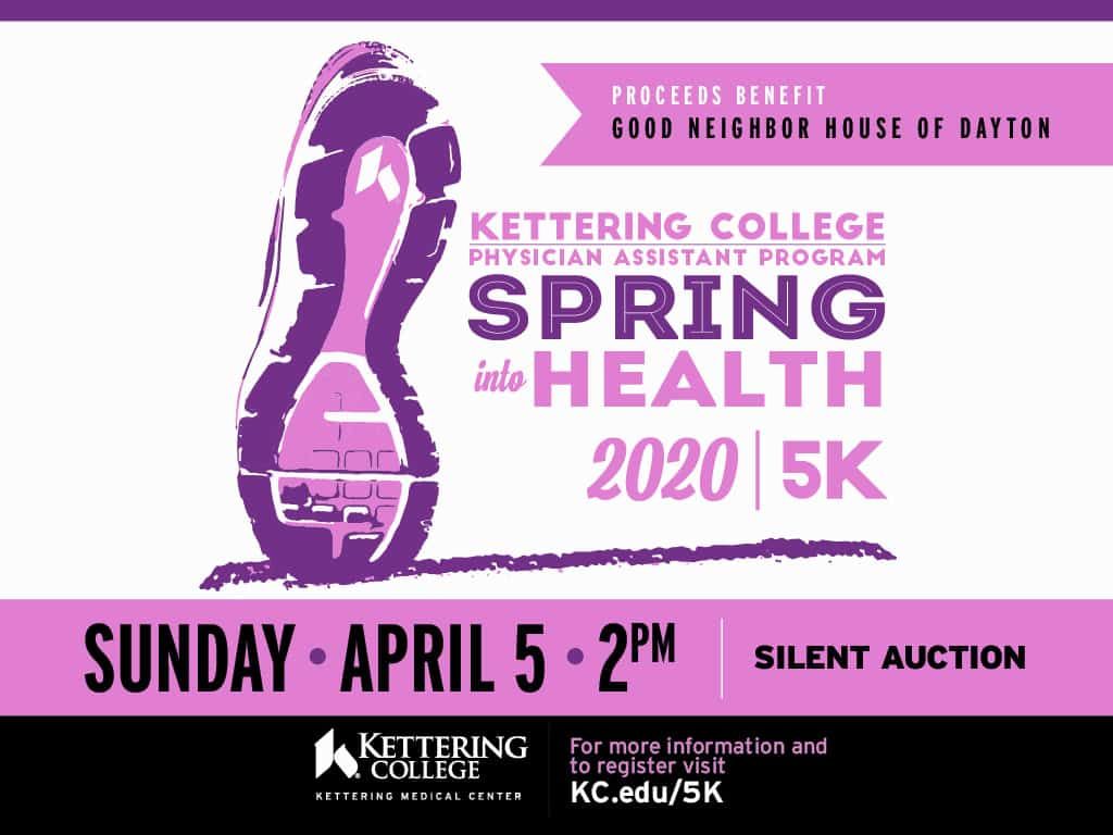 Kettering College Spring into Health 2020 5K promotional flyer with running shoe graphic
