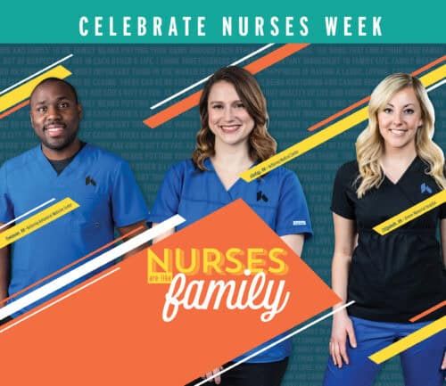 Three nurses in scrubs smiling for Nurses Week celebration promotional image