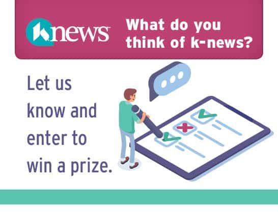 K-news feedback survey with illustration of person using tablet to provide input