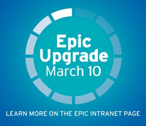 Epic Upgrade March 10 announcement with circular loading icon on blue gradient background