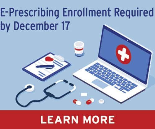 E-prescribing enrollment deadline December 17 with laptop, stethoscope, and medical icons
