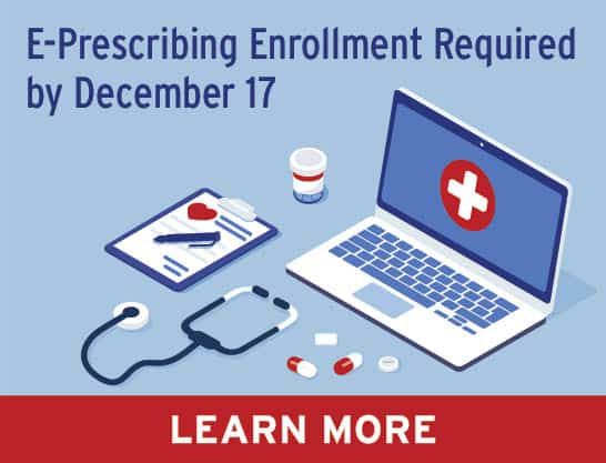 E-prescribing enrollment deadline December 17 with laptop, stethoscope, and medical icons