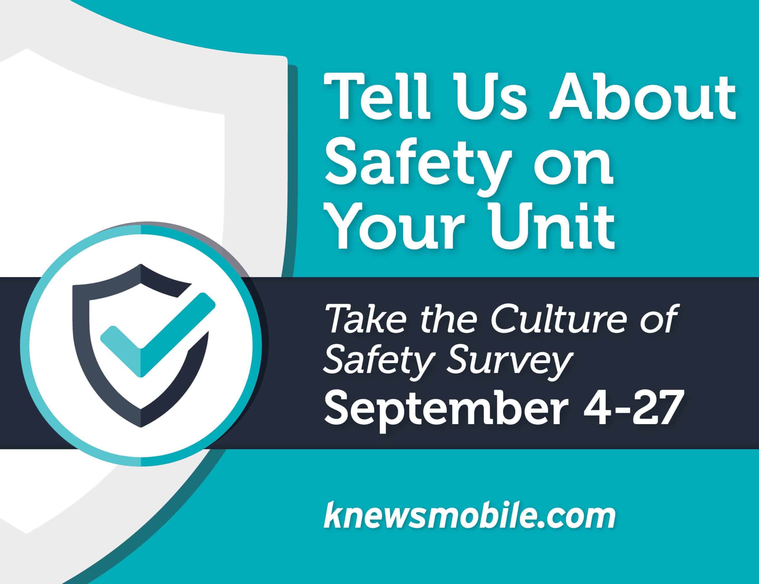 Safety survey promotional graphic with shield checkmark icon and September 4-27 dates