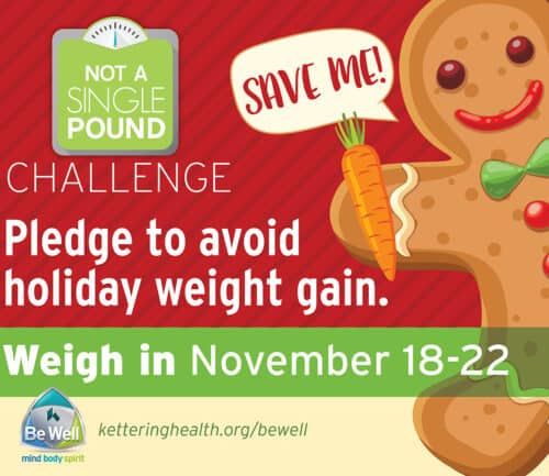 Holiday weight management challenge poster featuring gingerbread character holding carrot saying "Save Me!"