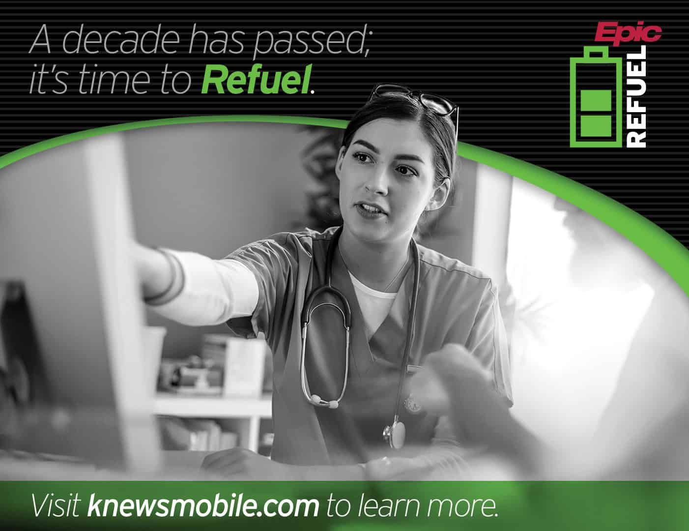 Healthcare worker in scrubs with stethoscope reaching toward camera in hospital setting