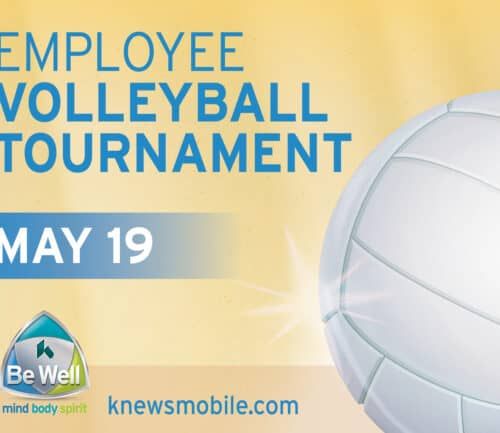 Employee volleyball tournament promotional graphic with volleyball and May 19 date announcement